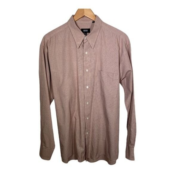 Hugo Boss Shirt Mens 16.5 Long Sleeve Button Down Top Plaid Work Casual Orange - Picture 1 of 12